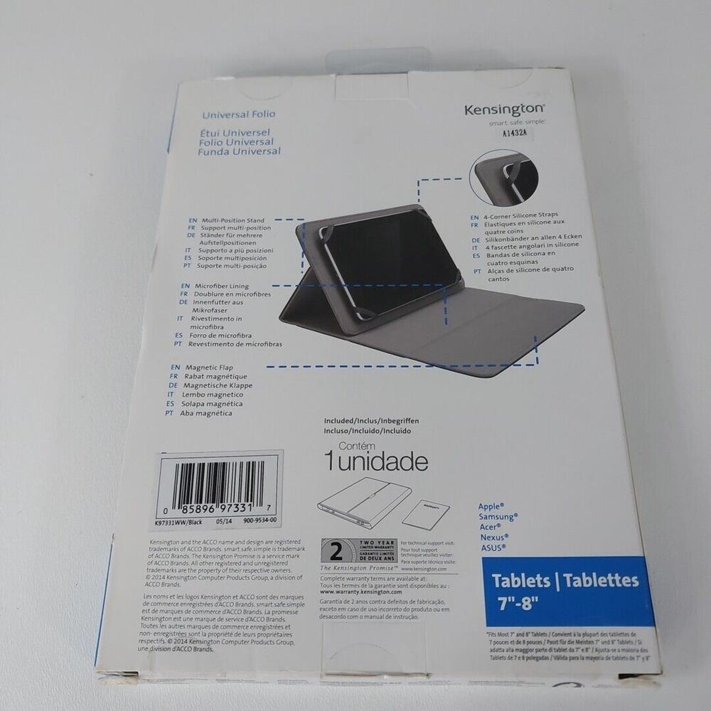 NEW KENSINGTON UNIVERSAL FOLIO MULTI‎ POSITION STAND FOR 7"-8" TABLETS BLACK - Picture 2 of 3